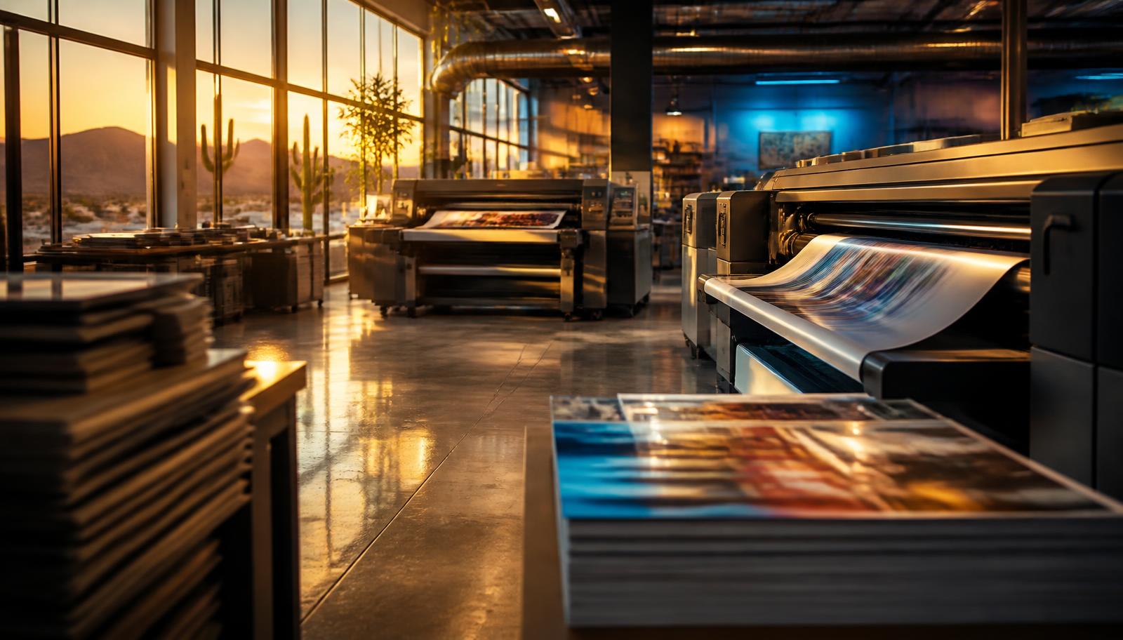 Sonoran Printing shop floor at golden hour with presses running